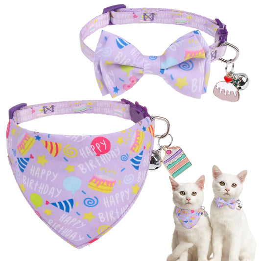 SCENEREAL Cat Bandana Collars for Birthday - 2 Pack Breakaway Kitten Collars with Bell Bowtie Accessories for Pet Collars Adjustable Cute Cat Collars for Cats and Small Dogs Boys Girls Purple