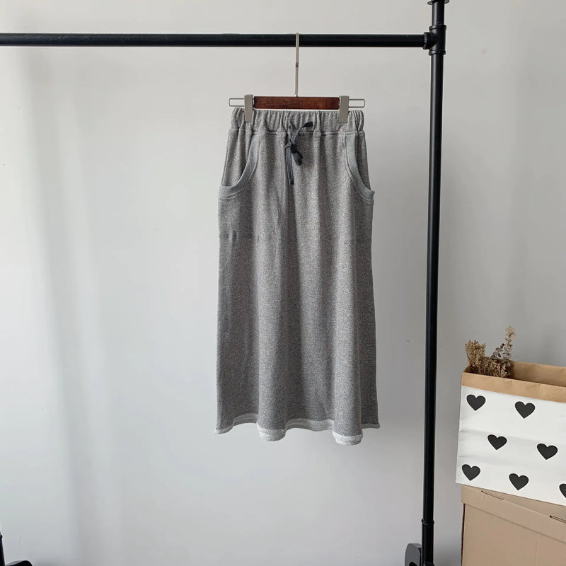 Elastic Drawstring Terry Knit Skirt with Two Pockets